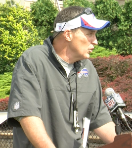 Doug Marrone talking to the press after the Sunday morning practice. Photo by Robin Lalisse